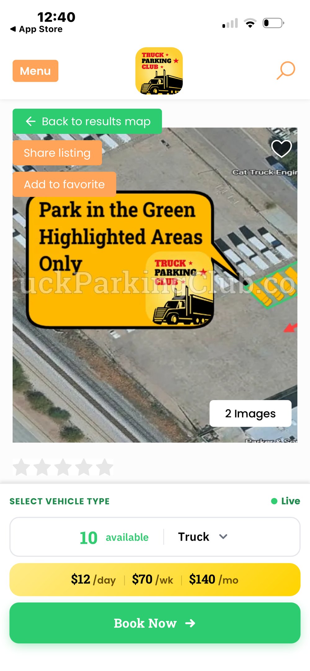 Truck Parking Club listing at $12/night