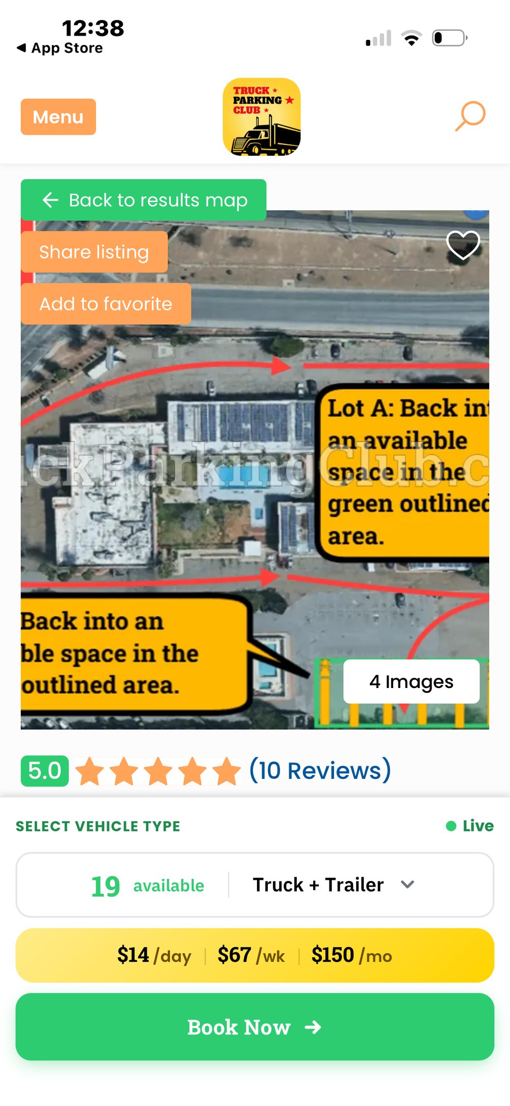 Truck Parking Club listing at $14/night, 10 reviews