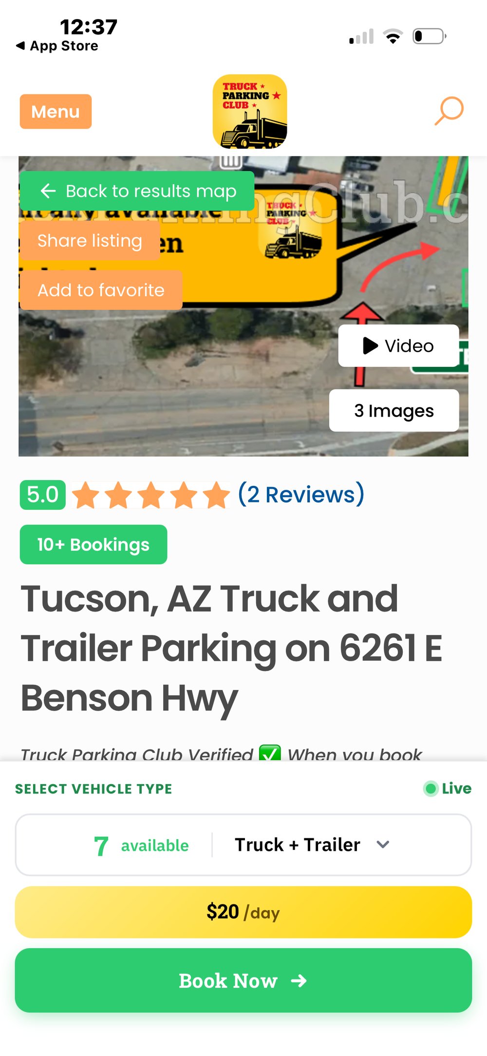 Truck Parking Club listing at $20/night on Benson Hwy with 10+ bookings