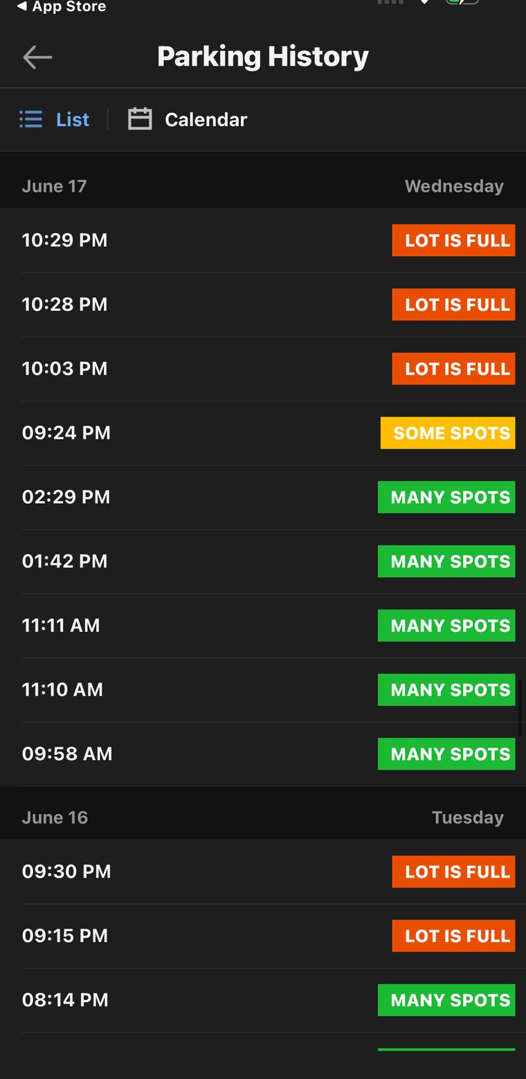 Trucker Path logged history showing Lot Is Full through the 9 to 10:30pm peak