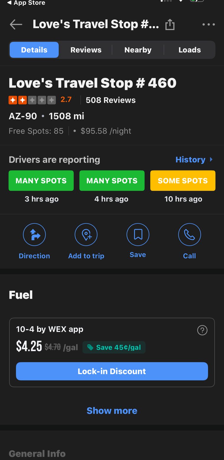 Trucker Path detail for Love's #460 at AZ-90 showing live driver reports